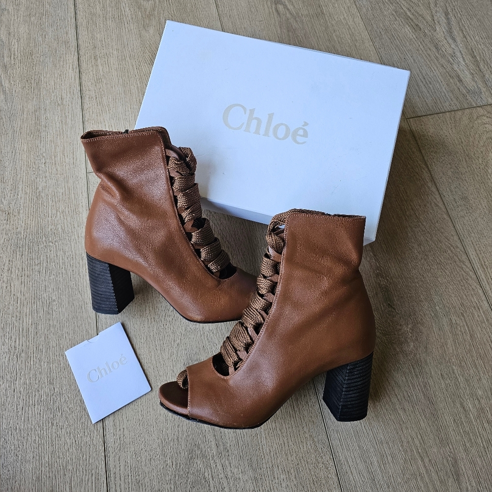 Chloe Coquette Lace Up Cognac Leather Open Toe Booties Size 36 - Picture 2 of 11